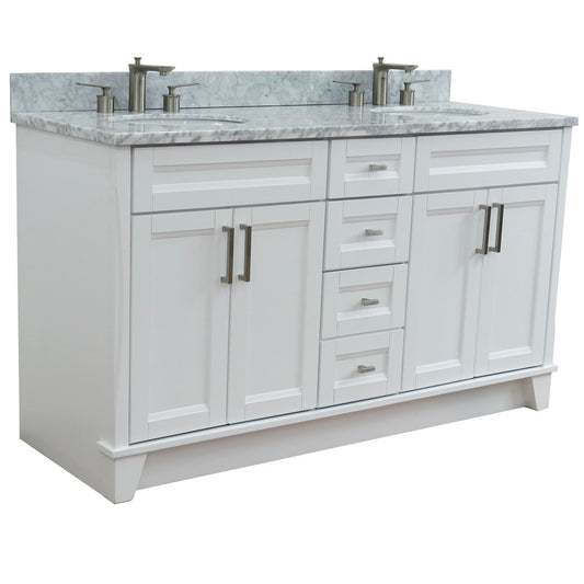 Bellaterra Home 61" White Double Sink Bathroom Vanity and White Carrara Marble and Oval Sink