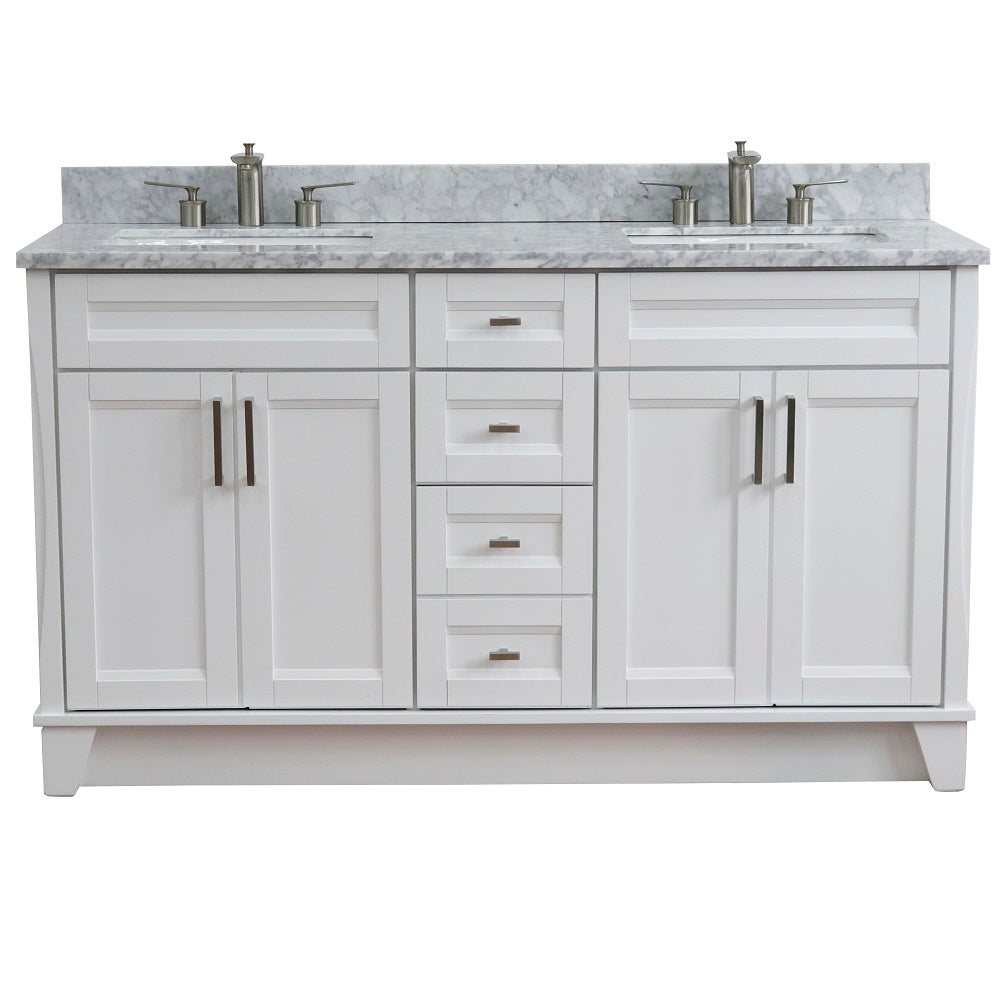 Bellaterra Home 61" White Double Sink Bathroom Vanity and White Carrara Marble and Rectangle Sink