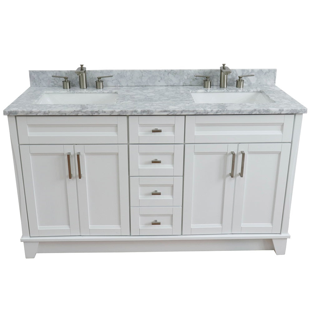 Bellaterra Home 61" White Double Sink Bathroom Vanity and White Carrara Marble and Rectangle Sink