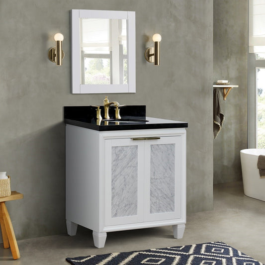 Bellaterra Home 31" White Single Sink Bathroom Vanity with Black Galaxy Granite with Oval Sink, Trento Collection