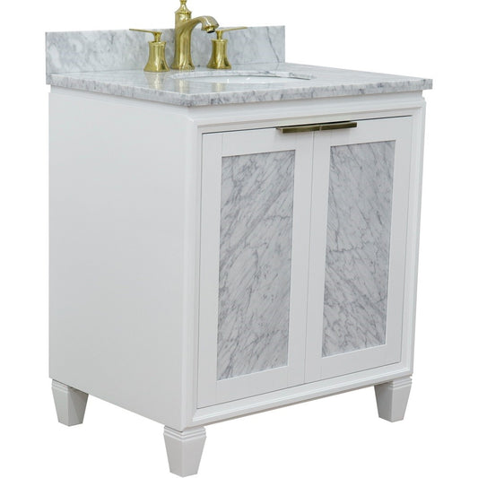 Bellaterra Home 31" White Single Sink Bathroom Vanity with White Carrara Marble with Oval Sink, Trento Collection