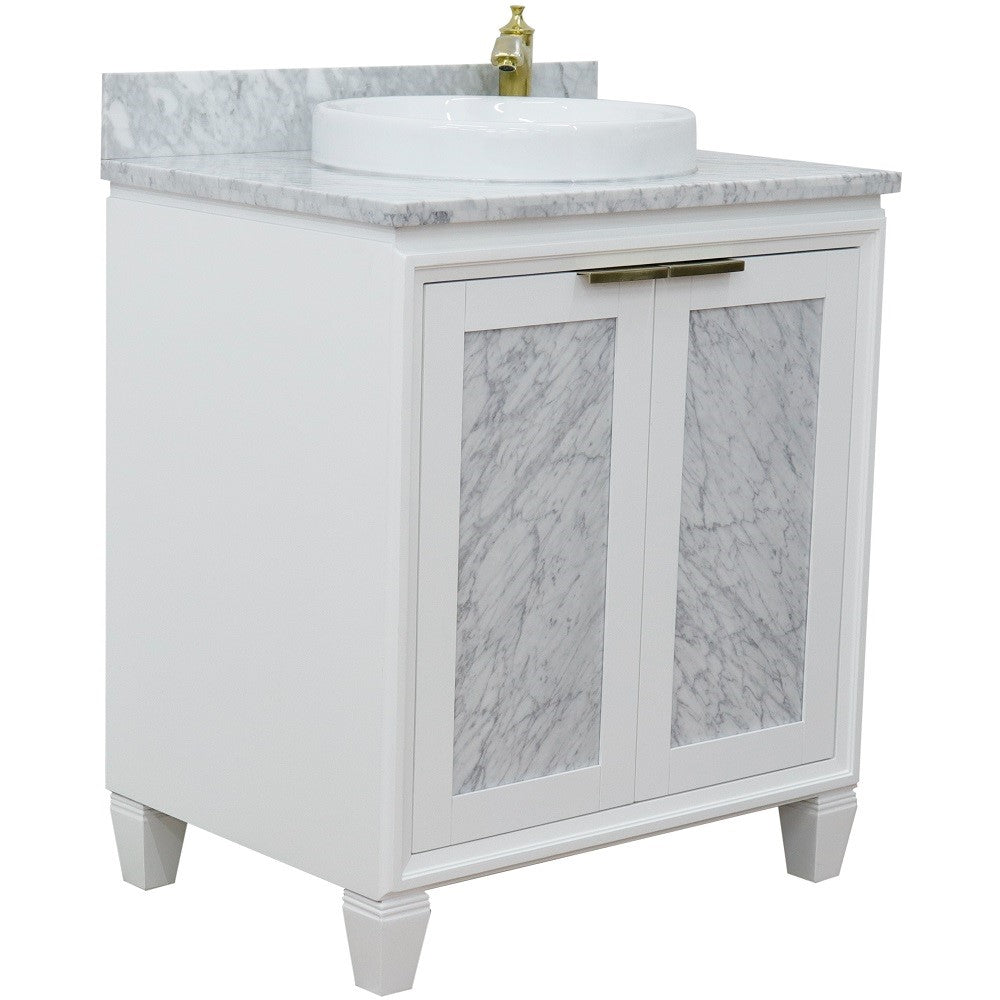 Bellaterra Home 31" White Single Sink Bathroom Vanity with White Carrara Marble with Round Sink, Trento Collection