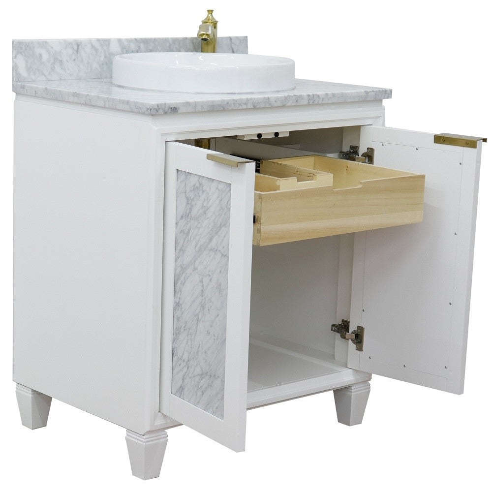 Bellaterra Home 31" White Single Sink Bathroom Vanity with White Carrara Marble with Round Sink, Trento Collection