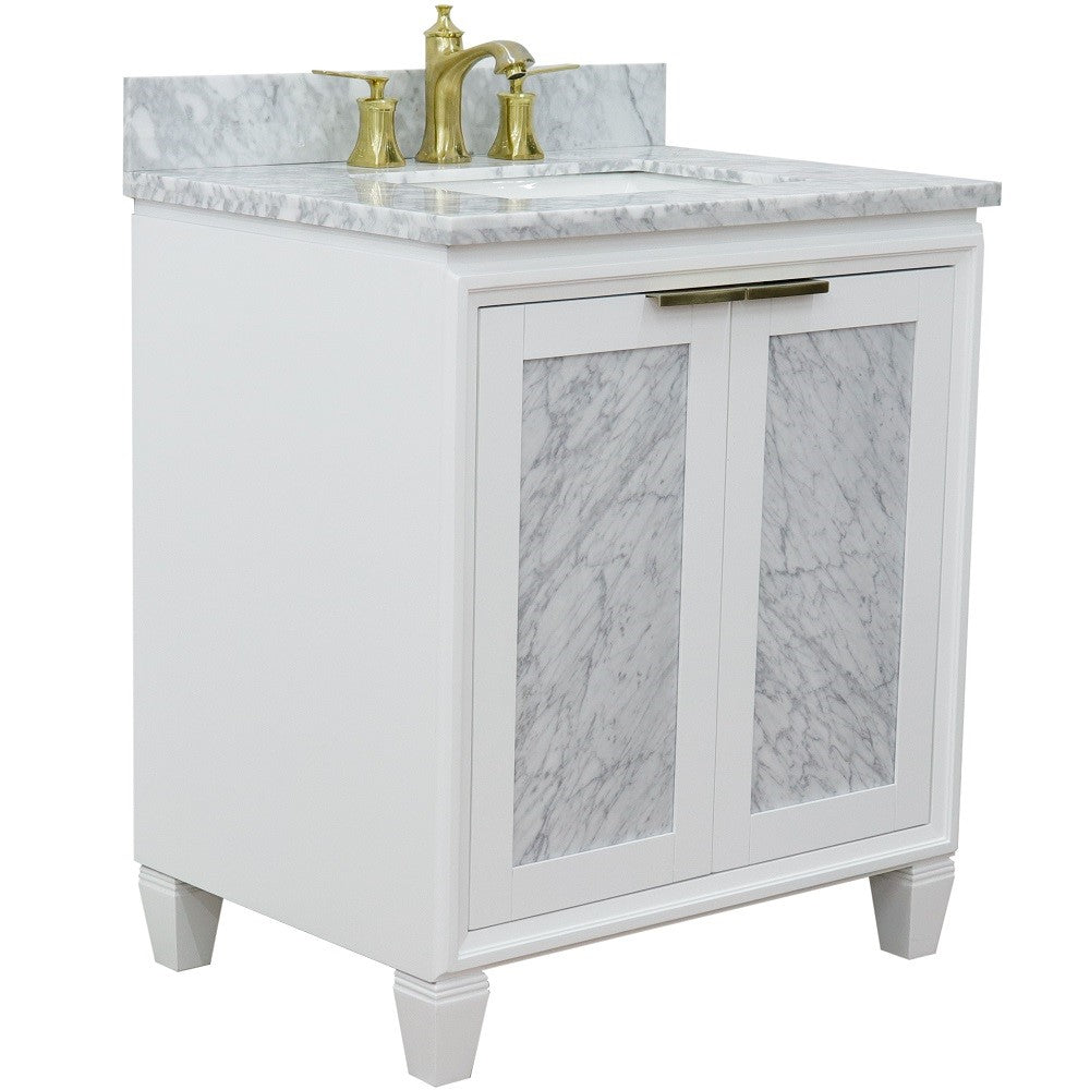 Bellaterra Home 31" White Single Sink Bathroom Vanity with White Carrara Marble with Rectangle Sink, Trento Collection