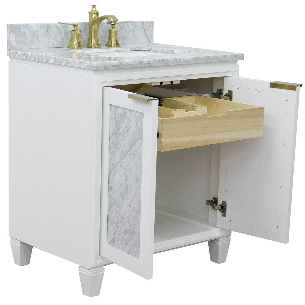 Bellaterra Home 31" White Single Sink Bathroom Vanity with White Carrara Marble with Rectangle Sink, Trento Collection