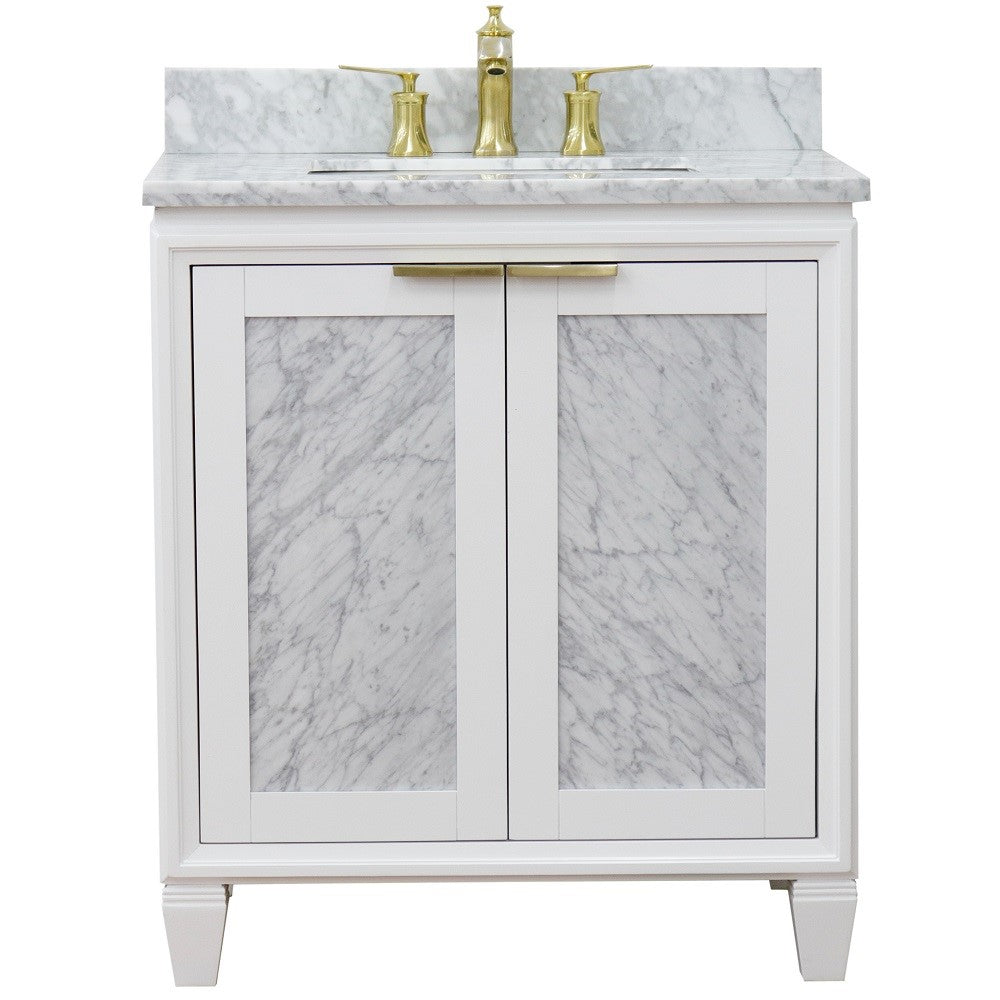 Bellaterra Home 31" White Single Sink Bathroom Vanity with White Carrara Marble with Rectangle Sink, Trento Collection