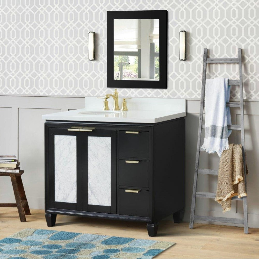 Bellaterra Home 43" Black Single Sink Bathroom Vanity with White Quartz and Oval Sink- Left Door/Left Sink, Trento Collection