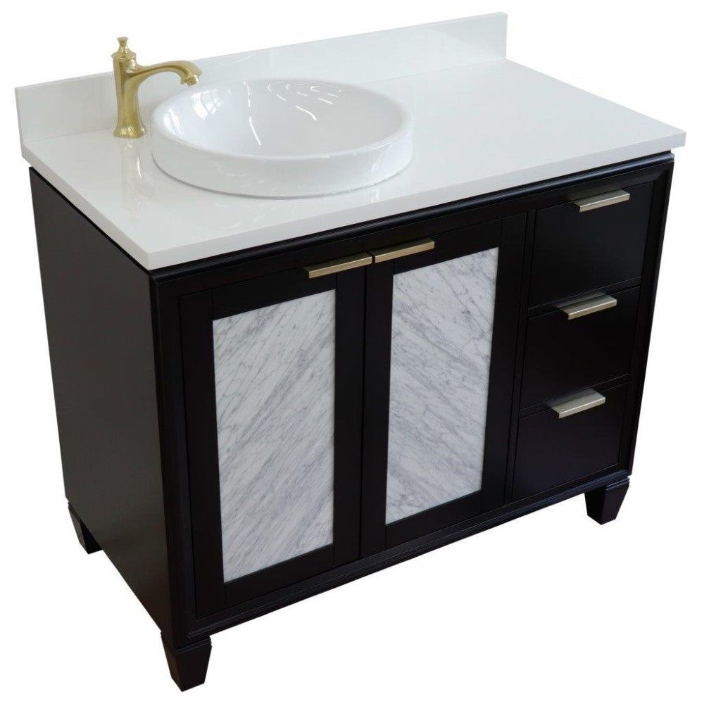 Bellaterra Home 43" Black Single Sink Bathroom Vanity with White Quartz and Round Sink- Left Door/Left Sink, Trento Collection