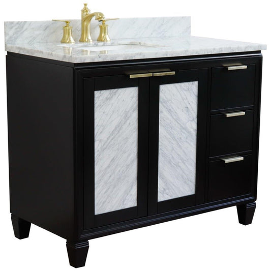 Bellaterra Home 43" Black Single Sink Bathroom Vanity with White Carrara and Rectangle Sink- Left Door/Left Sink, Trento Collection