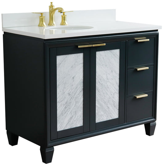 Bellaterra Home 43" Dark Gray Single Sink Bathroom Vanity with White Quartz and Oval Sink- Left Door/Left Sink, Trento Collection