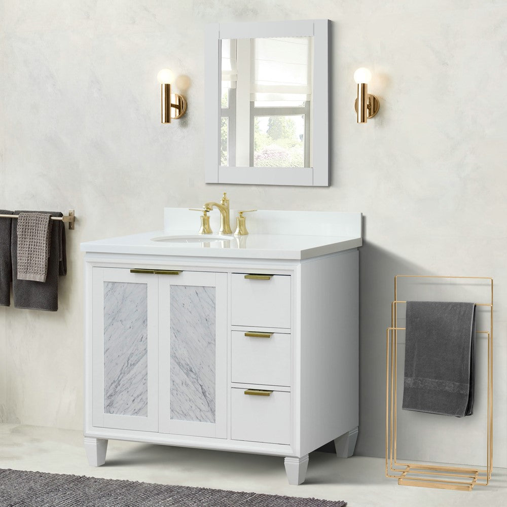 Bellaterra Home 43" White Single Sink Bathroom Vanity with White Quartz and Oval Sink- Left Door/Left Sink, Trento Collection