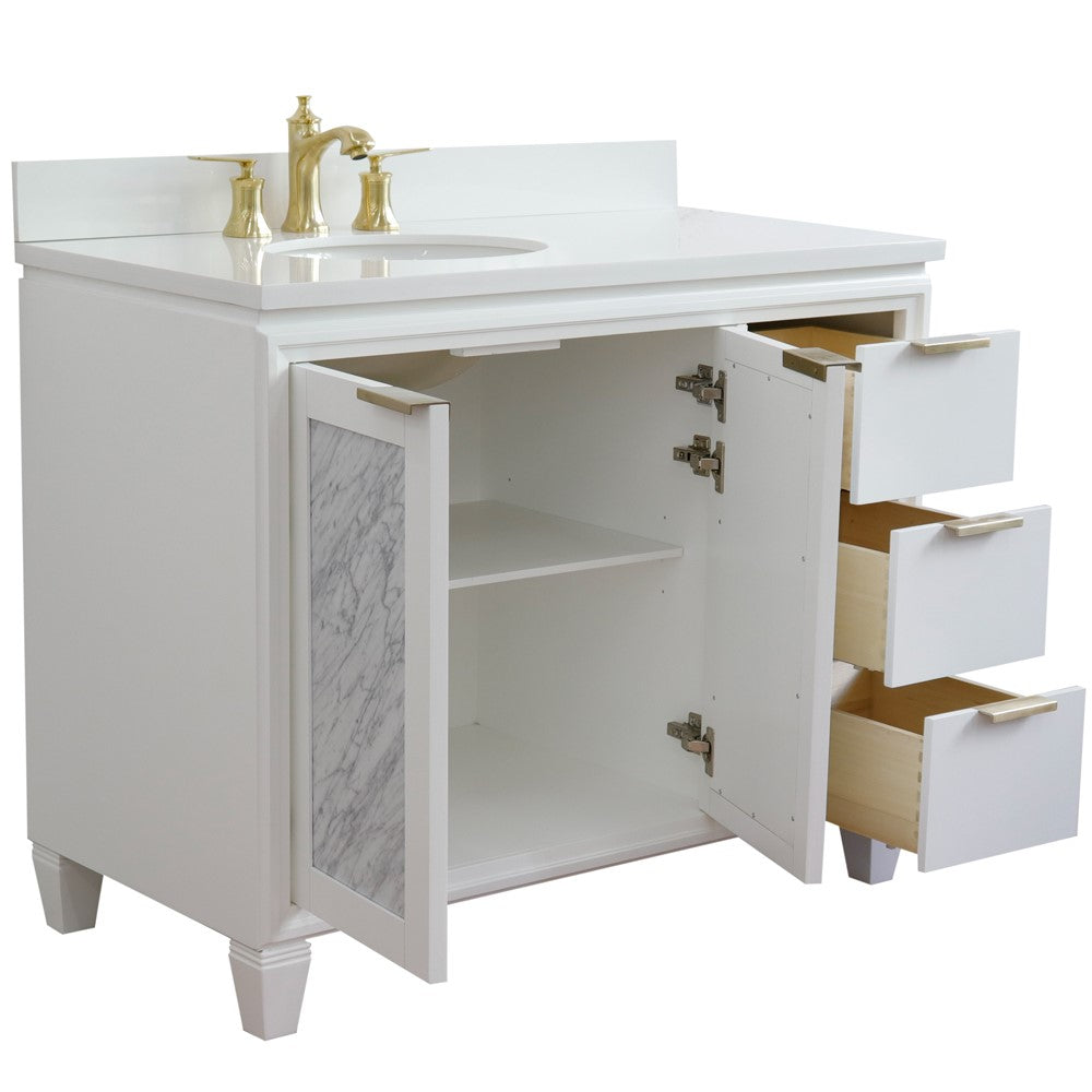 Bellaterra Home 43" White Single Sink Bathroom Vanity with White Quartz and Oval Sink- Left Door/Left Sink, Trento Collection