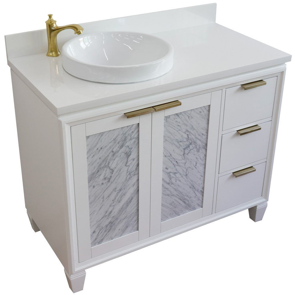 Bellaterra Home 43" White Single Sink Bathroom Vanity with White Quartz and Round Sink- Left Door/Left Sink, Trento Collection