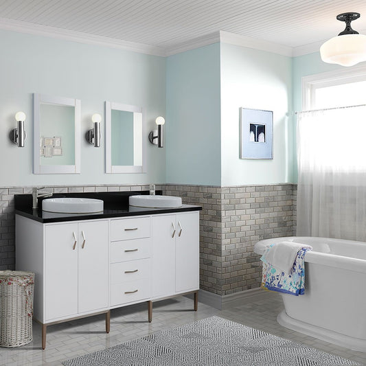 Bellaterra Home 61" White Double Sink Bathroom Vanity with Black Galaxy Granite and Round Sink, Tivoli Collection