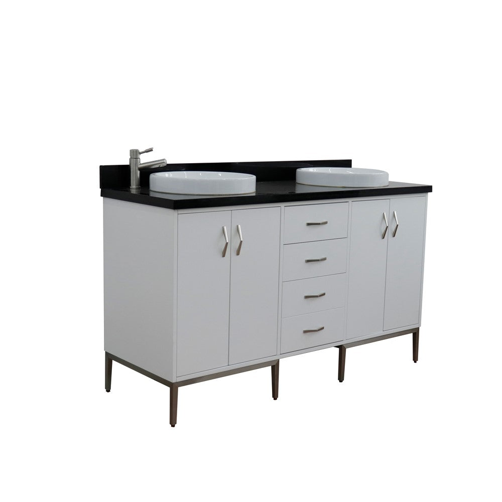 Bellaterra Home 61" White Double Sink Bathroom Vanity with Black Galaxy Granite and Round Sink, Tivoli Collection