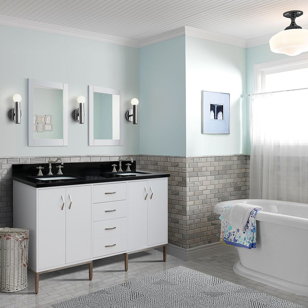 Bellaterra Home 61" White Double Sink Bathroom Vanity with Black Galaxy Granite and Rectangle Sink, Tivoli Collection