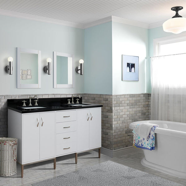 Bellaterra Home 61 White Double Sink Bathroom Vanity with Black Galaxy Granite and Rectangle Sink, Tivoli Collection