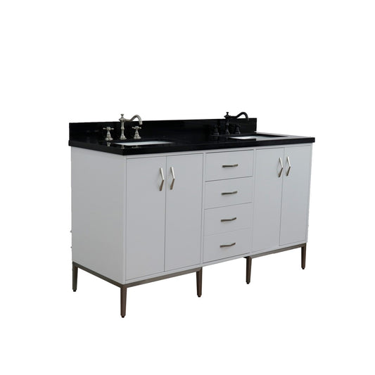 Bellaterra Home 61" White Double Sink Bathroom Vanity with Black Galaxy Granite and Rectangle Sink, Tivoli Collection