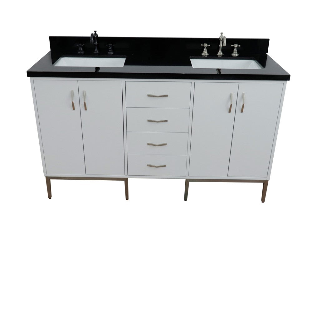 Bellaterra Home 61" White Double Sink Bathroom Vanity with Black Galaxy Granite and Rectangle Sink, Tivoli Collection