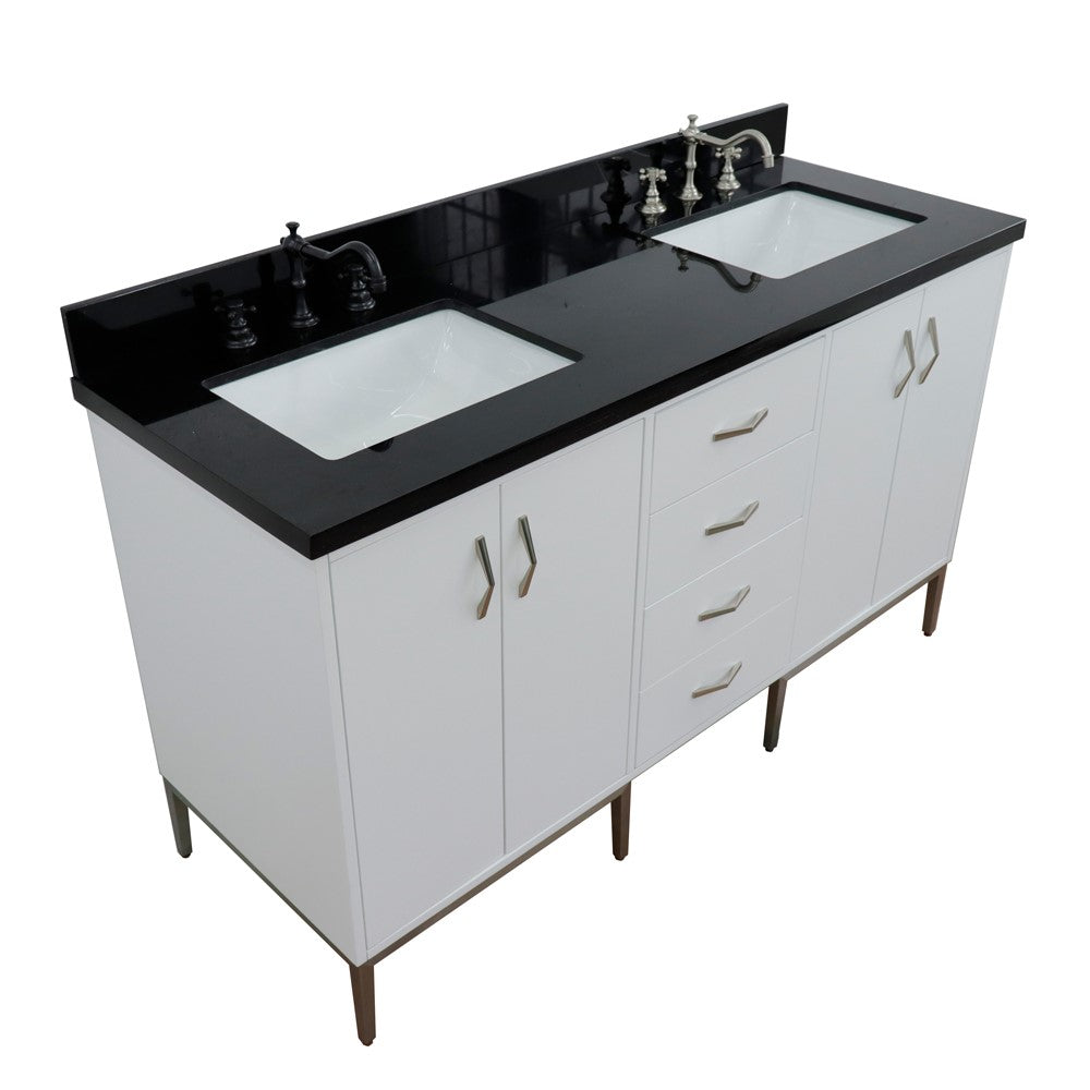 Bellaterra Home 61" White Double Sink Bathroom Vanity with Black Galaxy Granite and Rectangle Sink, Tivoli Collection