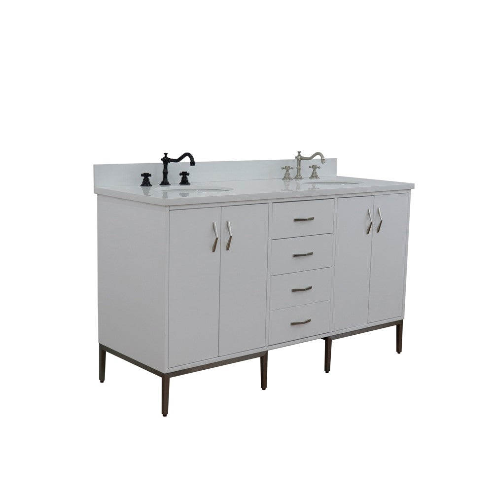 Bellaterra Home 61" White Double Sink Bathroom Vanity with White Quartz and Oval Sink, Tivoli Collection