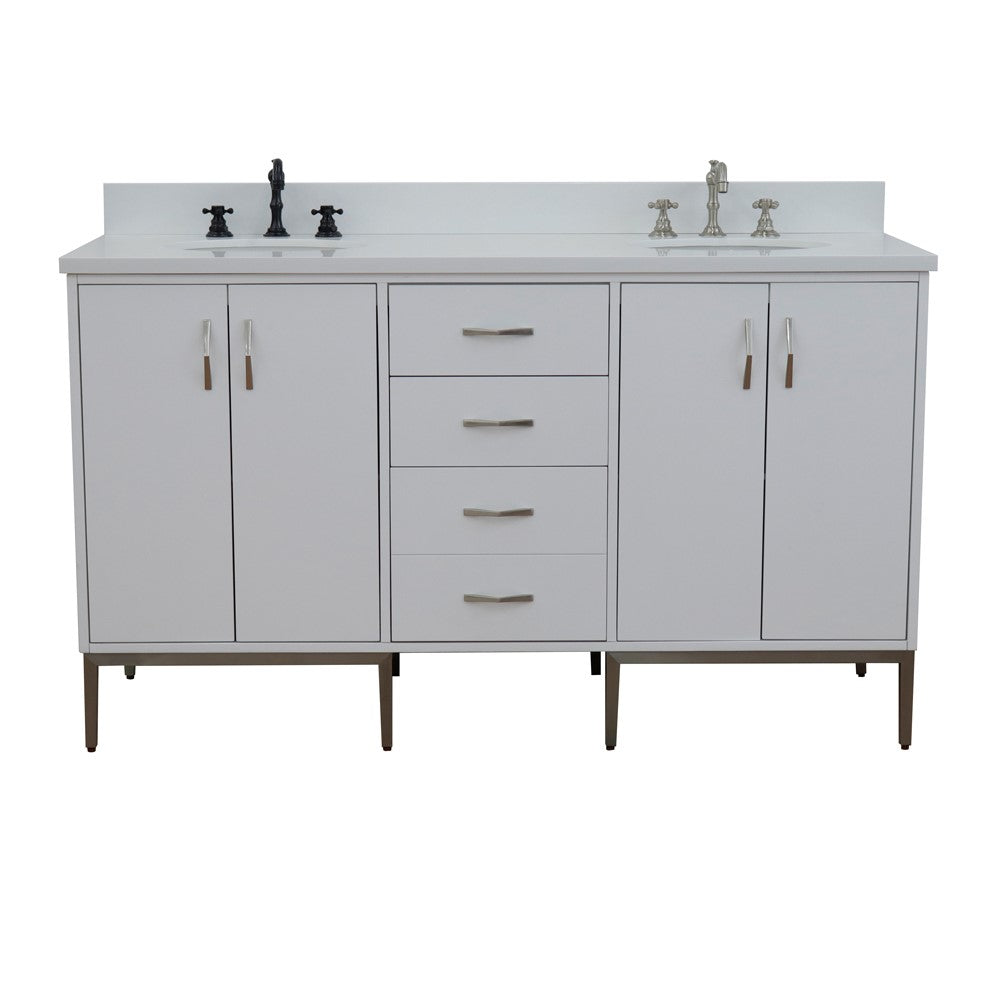 Bellaterra Home 61" White Double Sink Bathroom Vanity with White Quartz and Oval Sink, Tivoli Collection