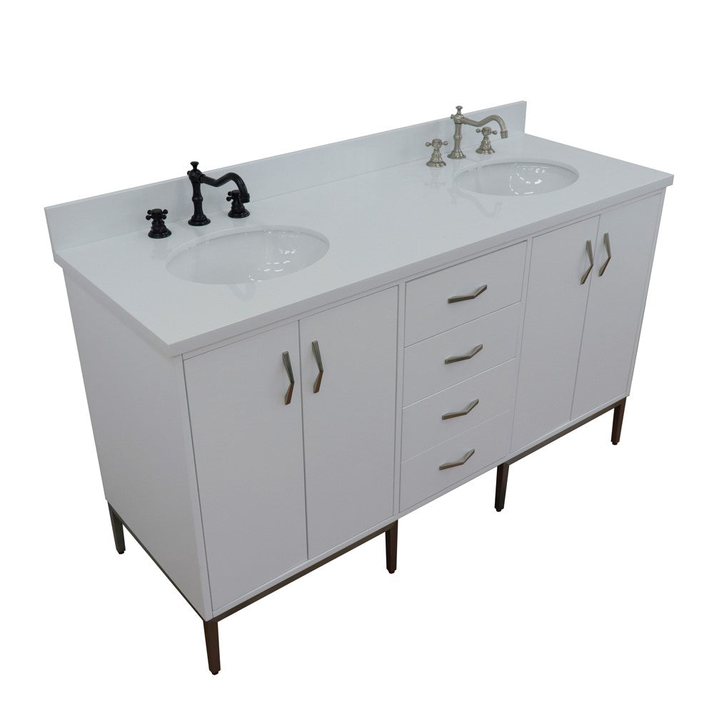 Bellaterra Home 61" White Double Sink Bathroom Vanity with White Quartz and Oval Sink, Tivoli Collection