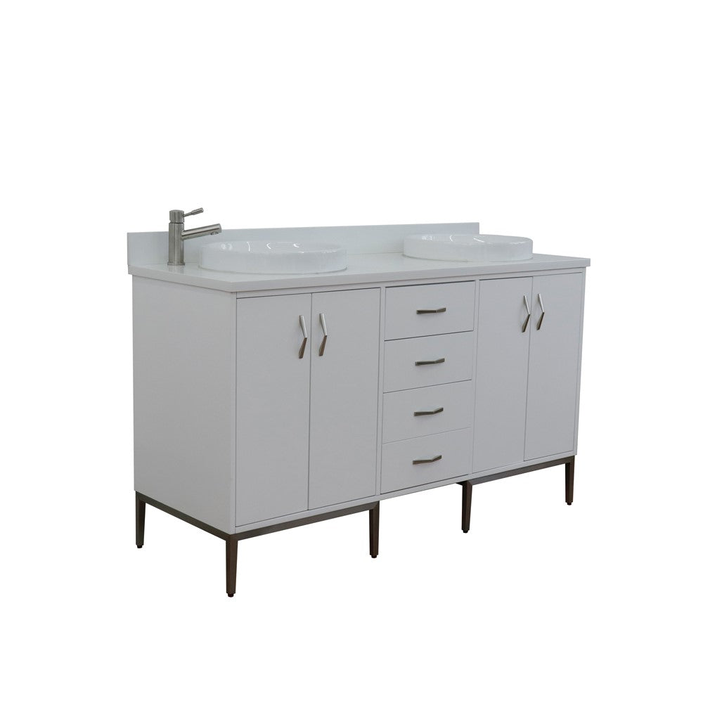 Bellaterra Home 61" White Double Sink Bathroom Vanity with White Quartz and Round Sink, Tivoli Collection