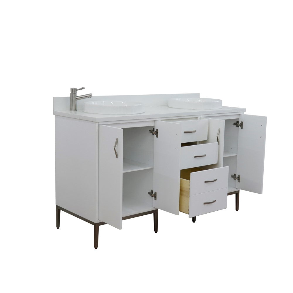 Bellaterra Home 61" White Double Sink Bathroom Vanity with White Quartz and Round Sink, Tivoli Collection