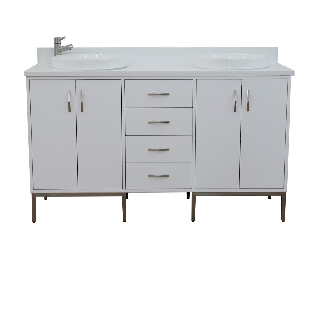 Bellaterra Home 61" White Double Sink Bathroom Vanity with White Quartz and Round Sink, Tivoli Collection