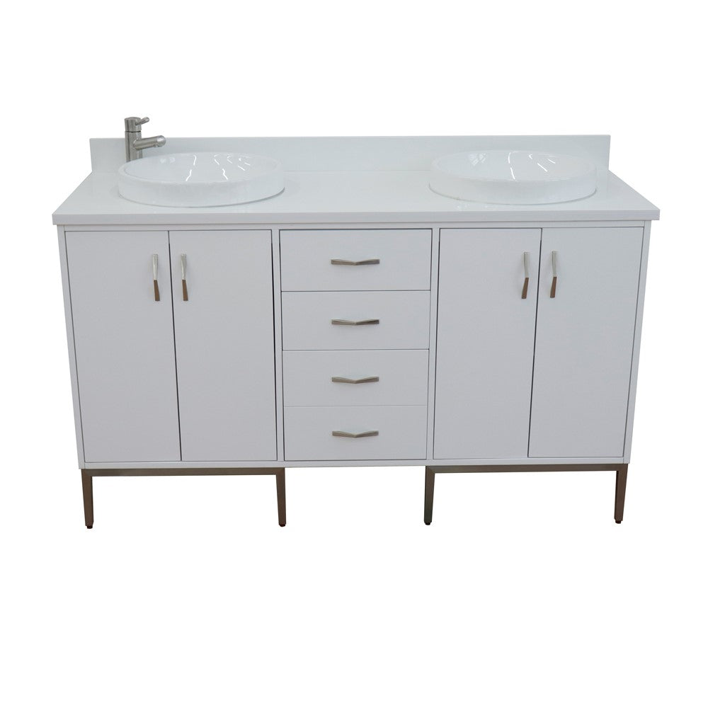 Bellaterra Home 61" White Double Sink Bathroom Vanity with White Quartz and Round Sink, Tivoli Collection