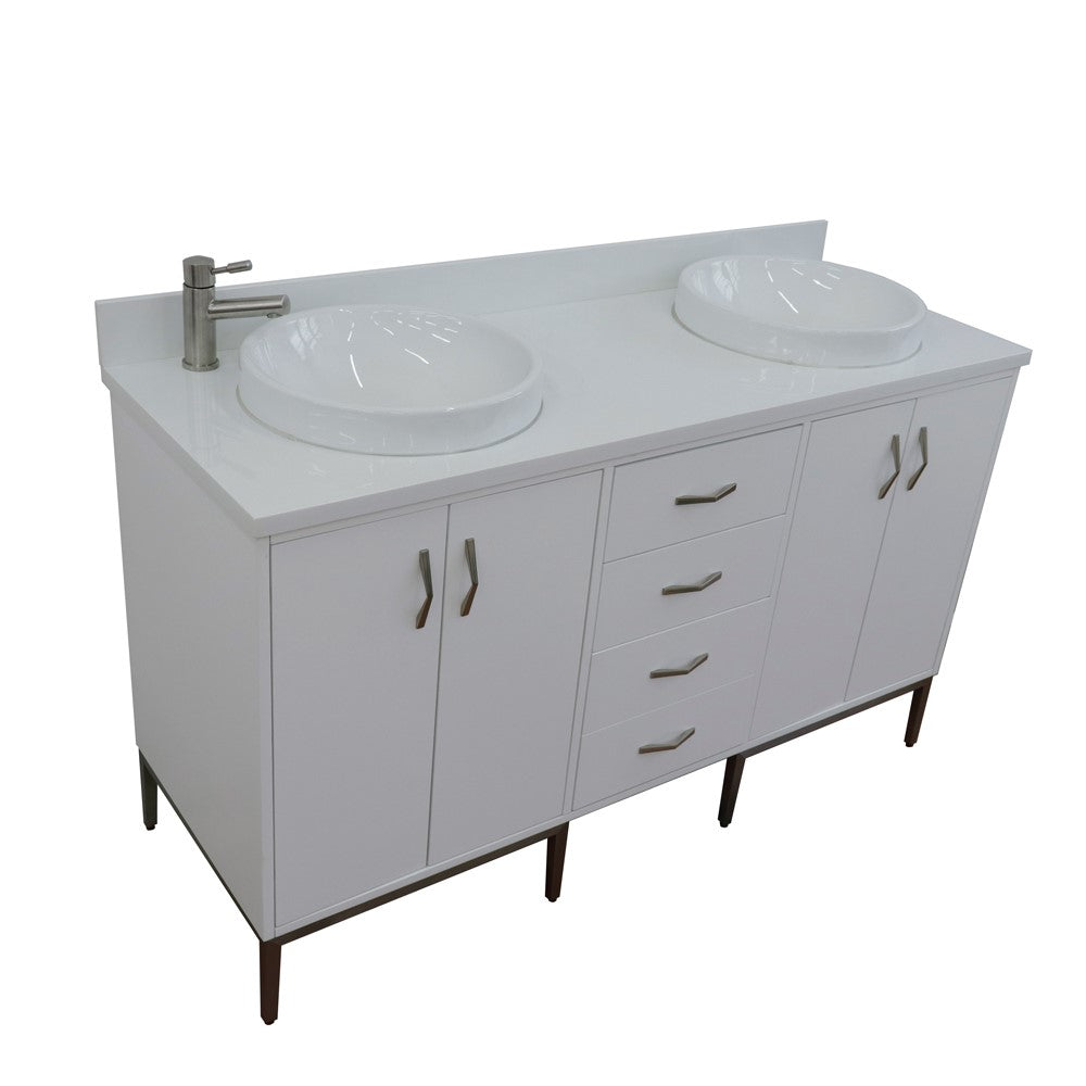 Bellaterra Home 61" White Double Sink Bathroom Vanity with White Quartz and Round Sink, Tivoli Collection