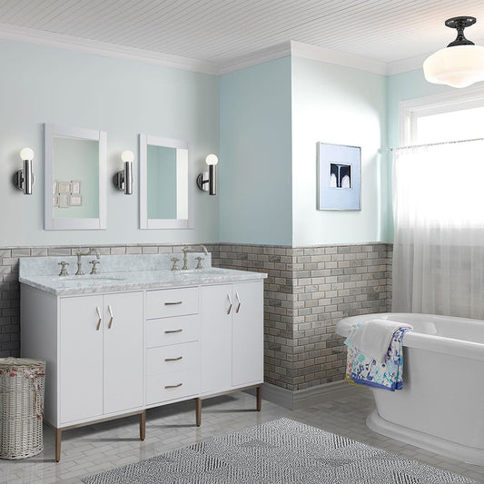 Bellaterra Home 61" White Double Sink Bathroom Vanity with White Carrara Marble and Oval Sink, Tivoli Collection