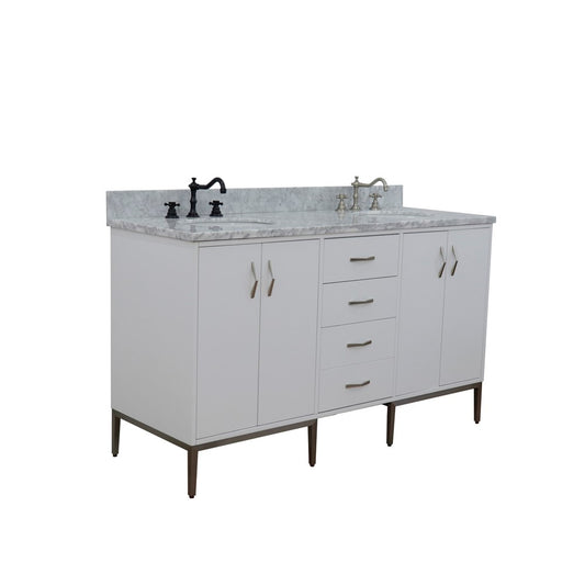 Bellaterra Home 61" White Double Sink Bathroom Vanity with White Carrara Marble and Oval Sink, Tivoli Collection