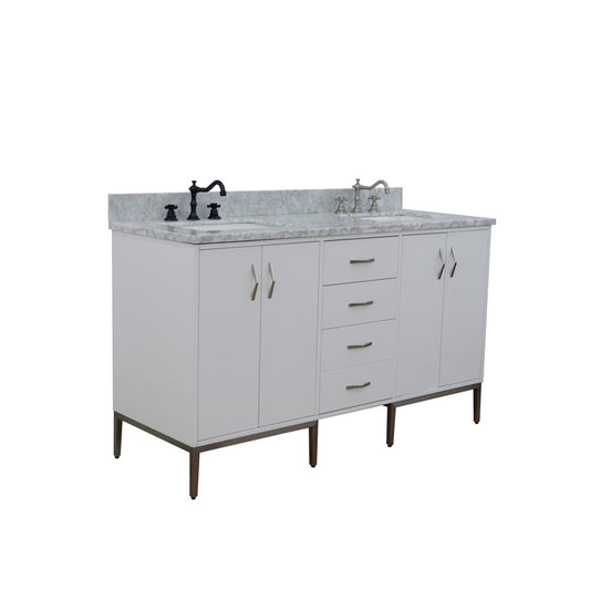 Bellaterra Home 61" White Double Sink Bathroom Vanity with White Carrara Marble and Rectangle Sink, Tivoli Collections