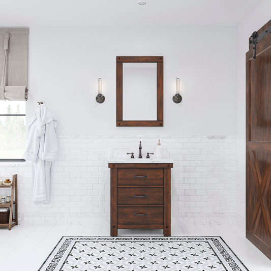 Water Creation Aberdeen 30" Rustic Brown Single Sink Bathroom Vanity with Carrara White Marble Countertop