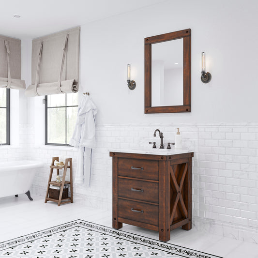 Water Creation Aberdeen 30" Rustic Brown Single Sink Bathroom Vanity with Carrara White Marble Countertop