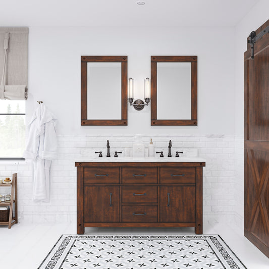 Water Creation Aberdeen 60" Rustic Sienna Double Sink Bathroom Vanity with Carrara White Marble Countertop