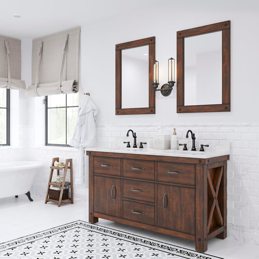 Water Creation Aberdeen 60" Rustic Sienna Double Sink Bathroom Vanity with Carrara White Marble Countertop