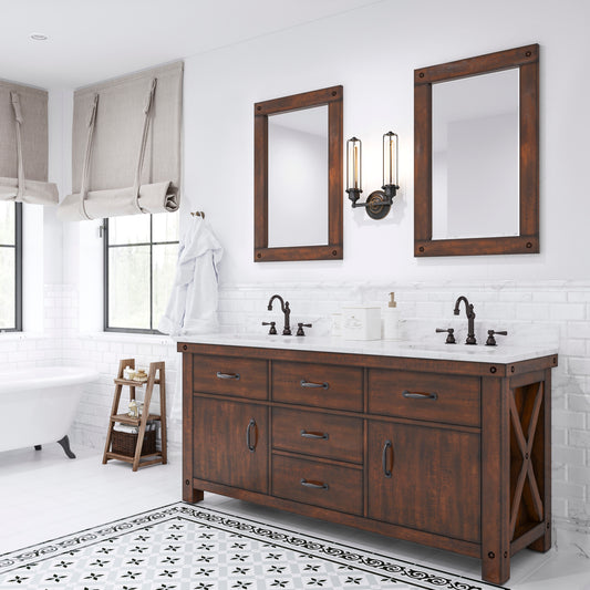 Water Creation Aberdeen 72" Rustic Sienna Double Sink Bathroom Vanity with Carrara White Marble Countertop