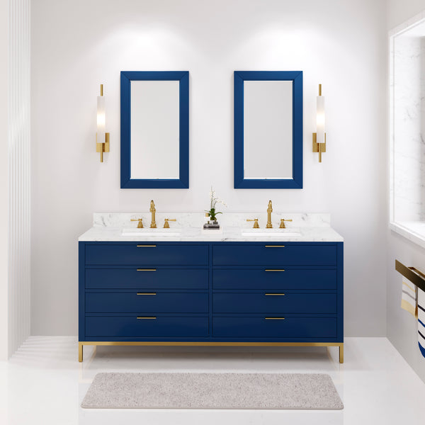 Water Creation Bristol 72 Blue Double Sink Bathroom Vanity Carrara White Marble Countertop