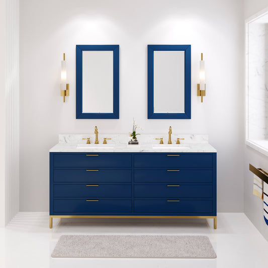 Water Creation Bristol 72" Blue Double Sink Bathroom Vanity Carrara White Marble Countertop