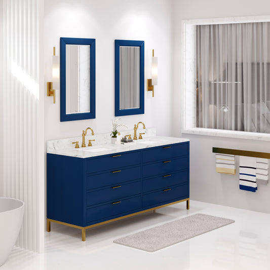 Water Creation Bristol 72" Blue Double Sink Bathroom Vanity Carrara White Marble Countertop