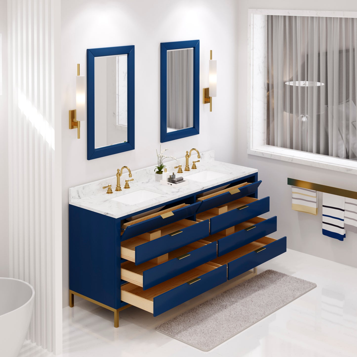 Water Creation Bristol 72" Blue Double Sink Bathroom Vanity Carrara White Marble Countertop