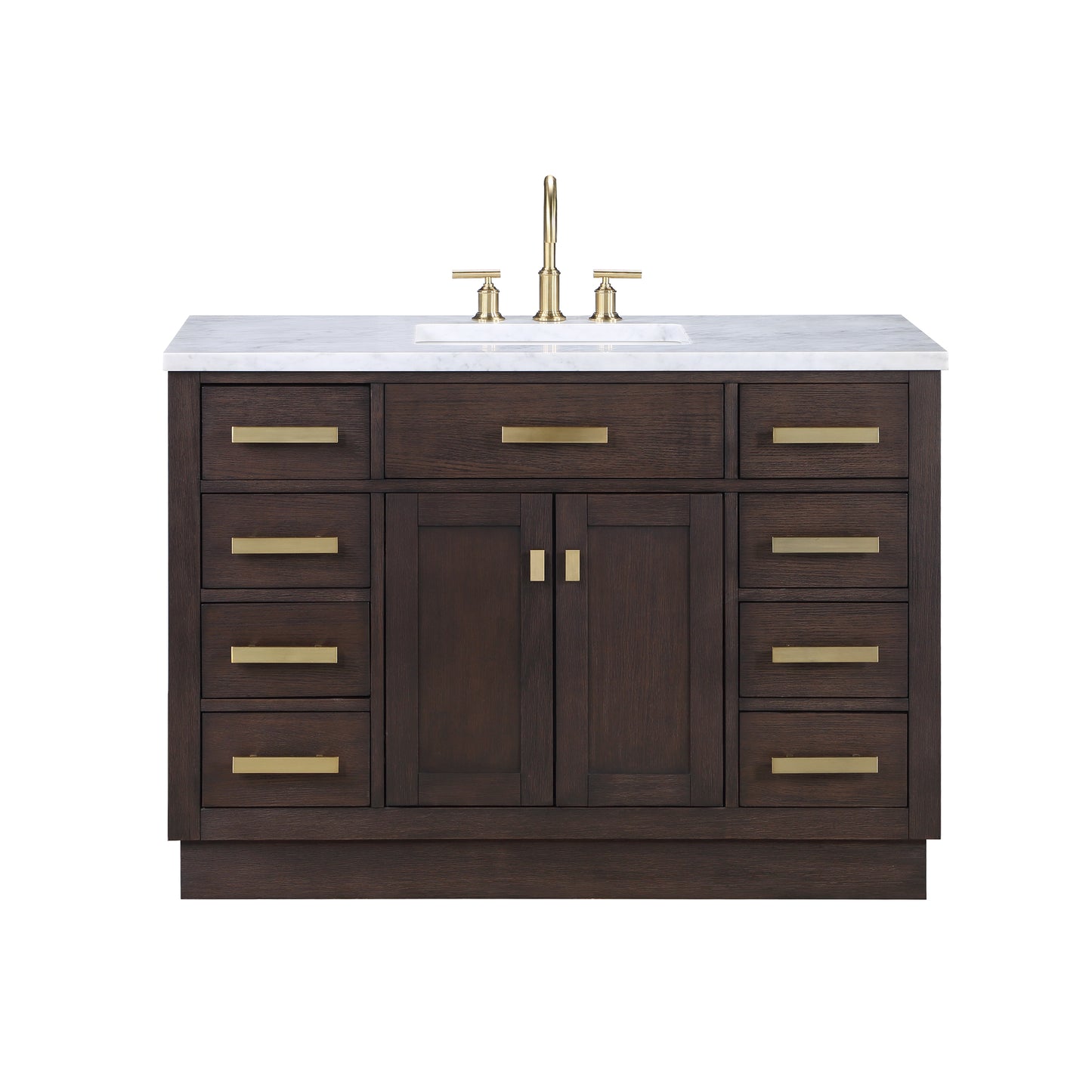 Water Creation Chestnut 48" Brown Single Sink Bathroom Vanity with Carrara White Marble Countertop and Satin Gold Hardware