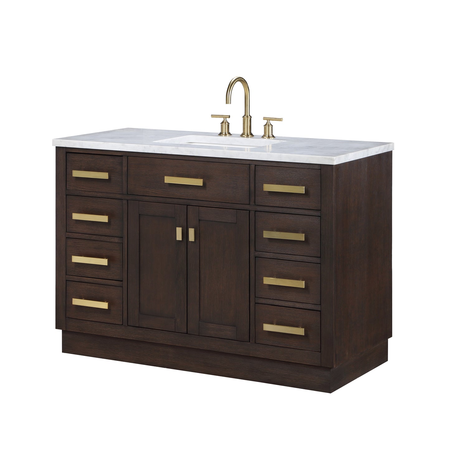 Water Creation Chestnut 48" Brown Single Sink Bathroom Vanity with Carrara White Marble Countertop and Satin Gold Hardware