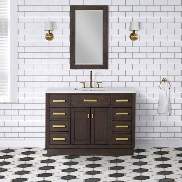 Water Creation Chestnut 48 Brown Single Sink Bathroom Vanity with Carrara White Marble Countertop and Satin Gold Hardware