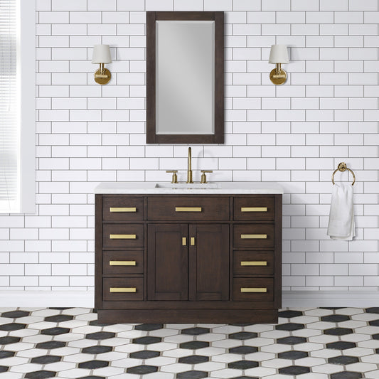 Water Creation Chestnut 48" Brown Single Sink Bathroom Vanity with Carrara White Marble Countertop and Satin Gold Hardware