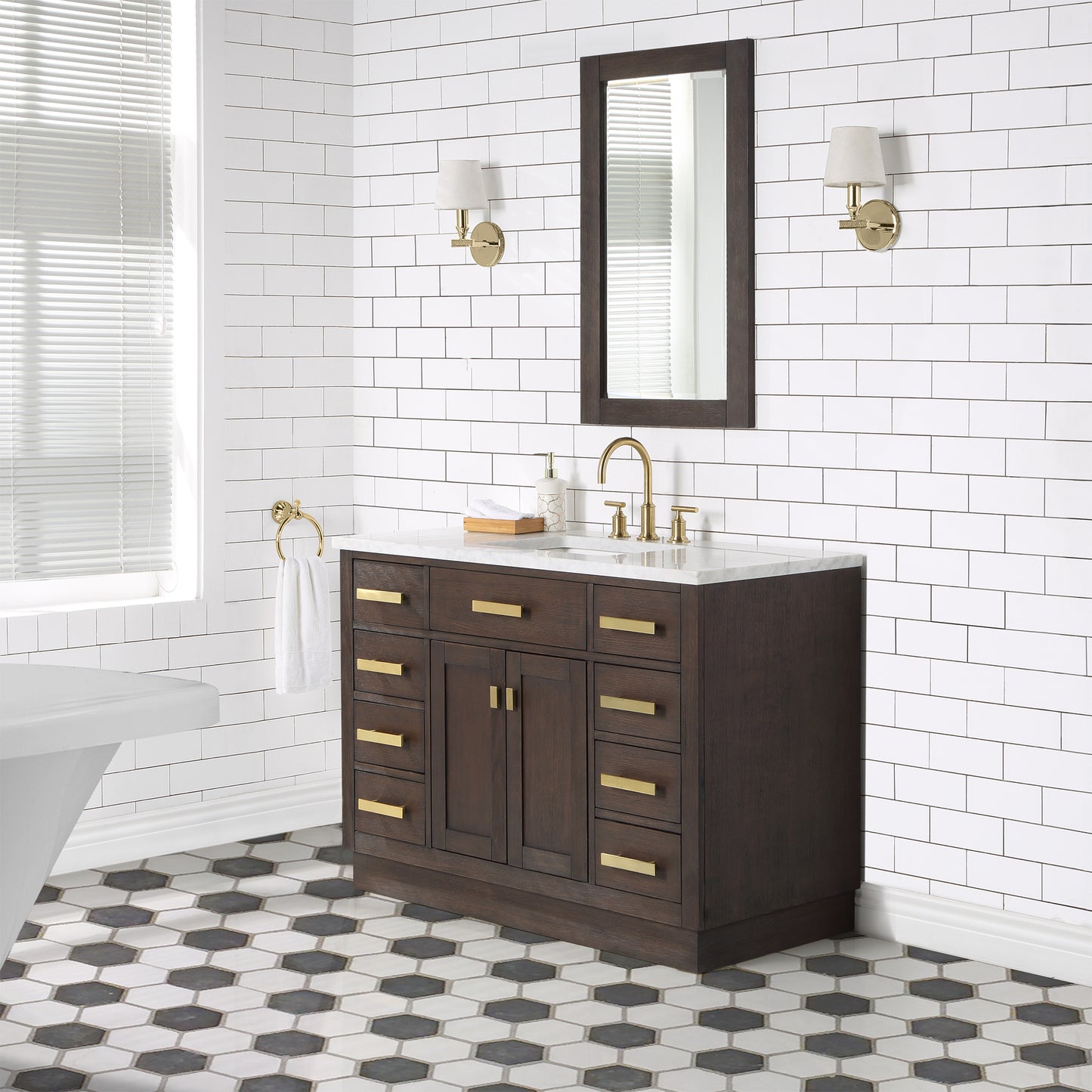 Water Creation Chestnut 48" Brown Single Sink Bathroom Vanity with Carrara White Marble Countertop and Satin Gold Hardware