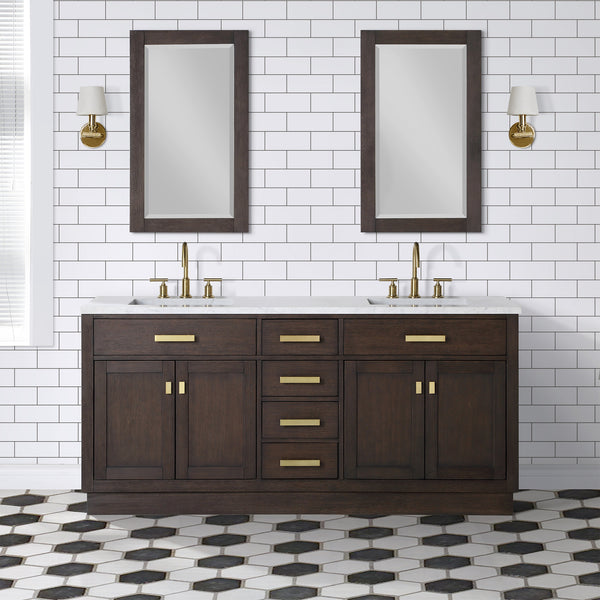 Water Creation Chestnut 72 Brown Double Sink Bathroom Vanity with Carrara White Marble Countertop and Satin Gold Hardware